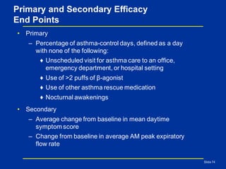 Primary and Secondary Efficacy
End Points
• Primary
– Percentage of asthma-control days, defined as a day
with none of the following:
♦ Unscheduled visit for asthma care to an office,
emergency department, or hospital setting
♦ Use of >2 puffs of β-agonist
♦ Use of other asthma rescue medication
♦ Nocturnal awakenings
• Secondary
– Average change from baseline in mean daytime
symptom score
– Change from baseline in average AM peak expiratory
flow rate
Slide 74
 