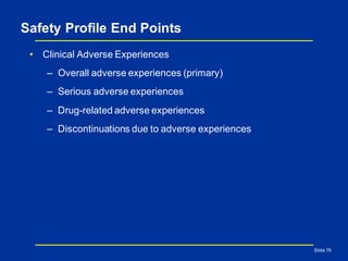 Safety Profile End Points
• Clinical Adverse Experiences
– Overall adverse experiences (primary)
– Serious adverse experiences
– Drug-related adverse experiences
– Discontinuations due to adverse experiences
Slide 76
 