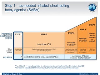 © Global Initiative for Asthma
Step 1 – as-needed inhaled short-acting
beta2-agonist (SABA)
*For children 6-11 years, theophylline is not recommended, and preferred Step 3 is medium dose ICS
**For patients prescribed BDP/formoterol or BUD/formoterol maintenance and reliever therapy
GINA 2014, Box 3-5, Step 1
 