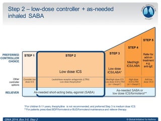 © Global Initiative for Asthma
Step 2 – low-dose controller + as-needed
inhaled SABA
*For children 6-11 years, theophylline is not recommended, and preferred Step 3 is medium dose ICS
**For patients prescribed BDP/formoterol or BUD/formoterol maintenance and reliever therapy
GINA 2014, Box 3-5, Step 2
 