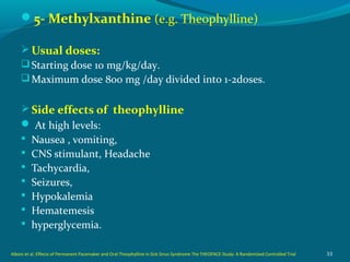 5- Methylxanthine (e.g. Theophylline)
Usual doses:
Starting dose 10 mg/kg/day.
Maximum dose 800 mg /day divided into 1-2doses.
Side effects of theophylline
 At high levels:
 Nausea , vomiting,
 CNS stimulant, Headache
 Tachycardia,
 Seizures,
 Hypokalemia
 Hematemesis
 hyperglycemia.
33Alboni et al. Effects of Permanent Pacemaker and Oral Theophylline in Sick Sinus Syndrome The THEOPACE Study: A Randomized Controlled Trial
 