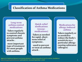 5
Agency for Healthcare Research and Quality.Module 4: measuring quality of care for asthma. Available at
www.ahrq.gov/qual/asthmacare/ asthmod4.htm. Accessed September 1, 2014
 