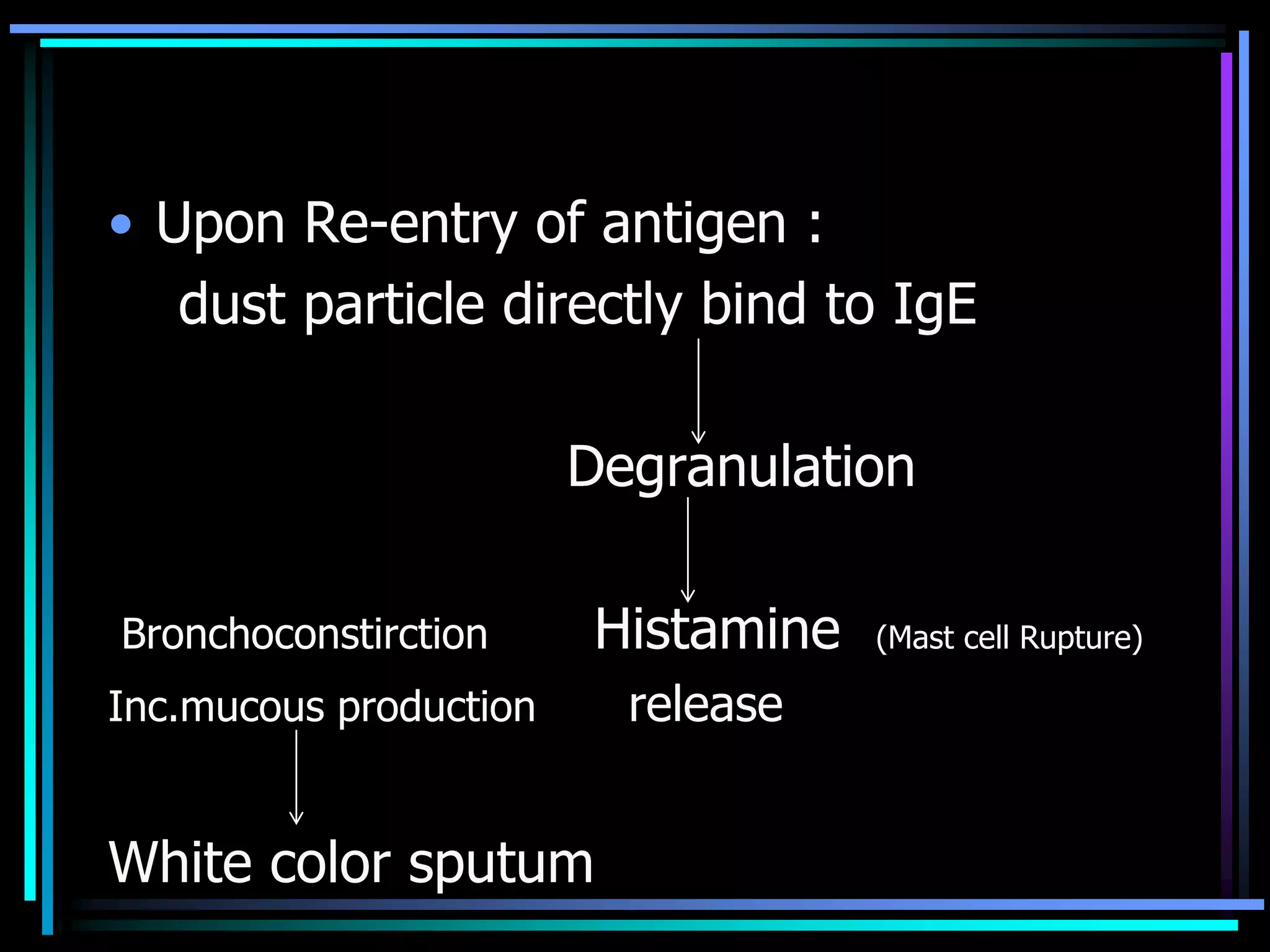 • Upon Re-entry of antigen :
dust particle directly bind to IgE
Degranulation
Bronchoconstirction Histamine (Mast cell Rupture)
Inc.mucous production release
White color sputum
 