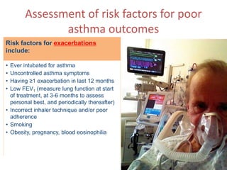 Assessment of risk factors for poor
asthma outcomes
Risk factors for exacerbations
include:
• Ever intubated for asthma
• Uncontrolled asthma symptoms
• Having ≥1 exacerbation in last 12 months
• Low FEV1 (measure lung function at start
of treatment, at 3-6 months to assess
personal best, and periodically thereafter)
• Incorrect inhaler technique and/or poor
adherence
• Smoking
• Obesity, pregnancy, blood eosinophilia
 