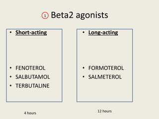 Beta2 agonists
• Short-acting
• FENOTEROL
• SALBUTAMOL
• TERBUTALINE
• Long-acting
• FORMOTEROL
• SALMETEROL
1
4 hours 12 hours
 
