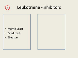 Leukotriene -inhibitors
• Montelukast
• Zafirlukast
• Zileuton
6
 
