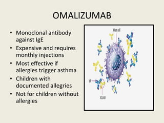 OMALIZUMAB
• Monoclonal antibody
against IgE
• Expensive and requires
monthly injections
• Most effective if
allergies trigger asthma
• Children with
documented allegries
• Not for children without
allergies
 