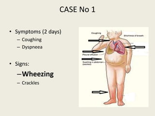 CASE No 1
• Symptoms (2 days)
– Coughing
– Dyspneea
• Signs:
–Wheezing
– Crackles
 