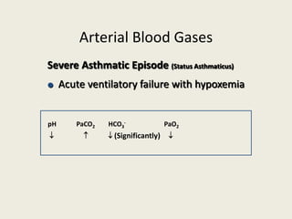 Arterial Blood Gases
Severe Asthmatic Episode (Status Asthmaticus)
 Acute ventilatory failure with hypoxemia
pH PaCO2 HCO3
- PaO2
   (Significantly) 
 
