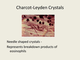 Charcot-Leyden Crystals
Needle shaped crystals -
Represents breakdown products of
eosinophils
 