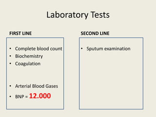 Laboratory Tests
FIRST LINE
• Complete blood count
• Biochemistry
• Coagulation
• Arterial Blood Gases
• BNP = 12.000
SECOND LINE
• Sputum examination
 