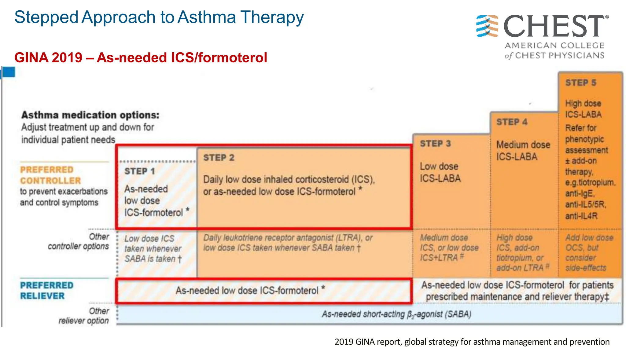 2019 GINA report, global strategy for asthma management and prevention
SteppedApproach to Asthma Therapy
GINA 2019 – As-needed ICS/formoterol
 