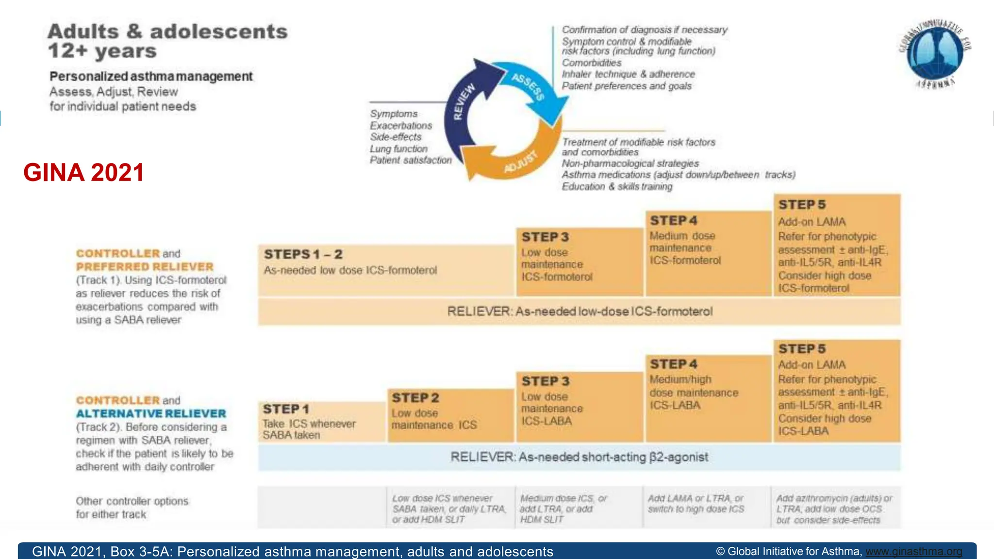 © Global Initiative for Asthma, www.ginasthma.org
GINA 2021, Box 3-5A: Personalized asthma management, adults and adolescents
GINA 2021
 
