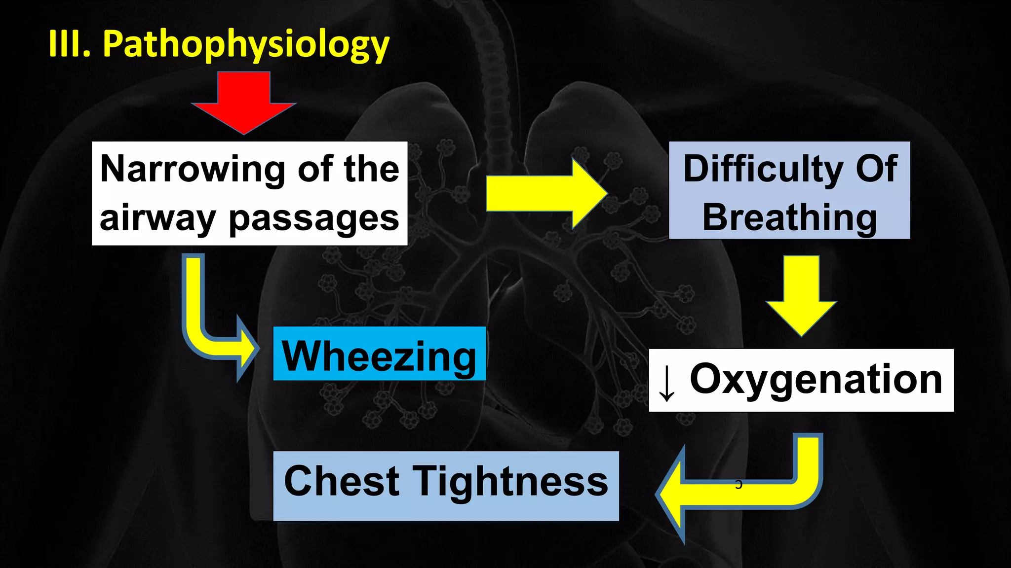 III. Pathophysiology
Narrowing of the
airway passages
Difficulty Of
Breathing
↓ Oxygenation
c
Chest Tightness
c
Wheezing
 