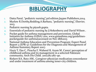 BIBLIOGRAPHY
1. Datta Parul, “pediatric nursing”,3rd edition,Jaypee Publishers,2014.
2. Marlow R.Dorthy,Redding.A.Barbara, “pediatric nursing”, Elsevier,
2013.
3. Pediatric nursing by piyush gupta.
4. Essentials of pediatric nursing by J.Hokenberry and David Wilson .
5. Pocket guide for asthma management and prevention, Global
Initiative for Asthma (GINA) 2011. www.ginasthma.org/guidelines-
pocketguide-for-asthma[accessed on Nov 18th2013
6. National Asthma Education and Prevention Program: Expert Panel
Report 3 (EPR-3): Guidelines for the Diagnosis and Management of
Asthma-Summary Report 2007.
7. Hazir T, Das C, Piracha F, Waheed B, Azam M. Carers' perception of
childhood asthma and its management in a selected Pakistani
community. Arch Dis Child. 2002;87:287–90.
8. Riekert KA, Butz AM,. Caregiver-physician medication concordance
and under treatment of asthma among inner-city children.
 