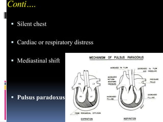 Conti….
 Silent chest
 Cardiac or respiratory distress
 Mediastinal shift
 Pulsus paradoxus
 