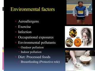 Environmental factors
 Aeroallergens
 Exercise
 Infection
 Occupational exposures
 Environmental pollutants
 Outdoor pollution
 Indoor pollution
 Diet: Processed foods
 Breastfeeding (Protective role)
 