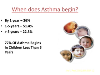 When does Asthma begin?
• By 1 year – 26%
• 1-5 years – 51.4%
• > 5 years – 22.3%

  77% Of Asthma Begins
  In Children Less Than 5
  Years



                            Ind J Ped 2002;69:309-12
 
