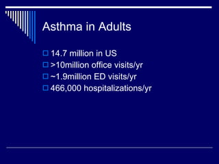 Asthma in Adults 14.7 million in US >10million office visits/yr ~1.9million ED visits/yr 466,000 hospitalizations/yr 