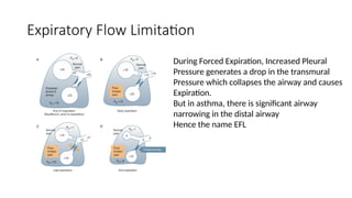Expiratory Flow Limitation
During Forced Expiration, Increased Pleural
Pressure generates a drop in the transmural
Pressure which collapses the airway and causes
Expiration.
But in asthma, there is significant airway
narrowing in the distal airway
Hence the name EFL
 