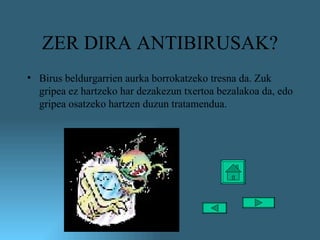ZER DIRA ANTIBIRUSAK? Birus beldurgarrien aurka borrokatzeko tresna da. Zuk gripea ez hartzeko har dezakezun txertoa bezalakoa da, edo gripea osatzeko hartzen duzun tratamendua.  