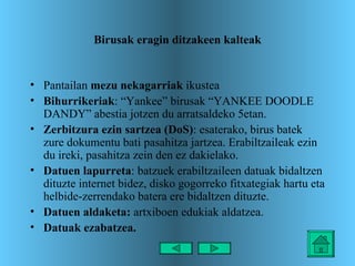 Birusak eragin ditzakeen kalteak Pantailan  mezu nekagarriak  ikustea Bihurrikeriak : “Yankee” birusak “YANKEE DOODLE DANDY” abestia jotzen du arratsaldeko 5etan. Zerbitzura ezin sartzea (DoS) : esaterako, birus batek zure dokumentu bati pasahitza jartzea. Erabiltzaileak ezin du ireki, pasahitza zein den ez dakielako. Datuen lapurreta : batzuek erabiltzaileen datuak bidaltzen dituzte internet bidez, disko gogorreko fitxategiak hartu eta helbide-zerrendako batera ere bidaltzen dituzte. Datuen aldaketa:  artxiboen edukiak aldatzea. Datuak ezabatzea.   