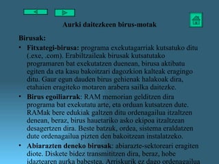 Aurki daitezkeen birus-motak Birusak: Fitxategi-birusa:  programa exekutagarriak kutsatuko ditu (.exe, .com). Erabiltzaileak birusak kutsatutako programaren bat exekutatzen duenean, birusa aktibatu egiten da eta kasu bakoitzari dagozkion kalteak eragingo ditu. Gaur egun dauden birus gehienak halakoak dira, etahaien eragiteko motaren arabera sailka daitezke. Birus egoiliarrak : RAM memorian gelditzen dira programa bat exekutatu arte, eta orduan kutsatzen dute. RAMak bere edukiak galtzen ditu ordenagailua itzaltzen denean, beraz, birus hauetariko asko ekipoa itzaltzean desagertzen dira. Beste batzuk, ordea, sistema eraldatzen dute ordenagailua pizten den bakoitzean instalatzeko. Abiarazten deneko birusak : abiarazte-sektoreari eragiten diote. Diskete bidez transmititzen dira, beraz, hobe idaztearen aurka babestea. Arriskurik ez dago ordenagailua disko horrekin abiarazten ez bada. 