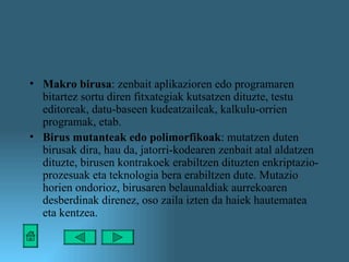 Makro birusa : zenbait aplikazioren edo programaren bitartez sortu diren fitxategiak kutsatzen dituzte, testu editoreak, datu-baseen kudeatzaileak, kalkulu-orrien programak, etab. Birus mutanteak edo polimorfikoak : mutatzen duten birusak dira, hau da, jatorri-kodearen zenbait atal aldatzen dituzte, birusen kontrakoek erabiltzen dituzten enkriptazio-prozesuak eta teknologia bera erabiltzen dute. Mutazio horien ondorioz, birusaren belaunaldiak aurrekoaren desberdinak direnez, oso zaila izten da haiek hautematea eta kentzea. 