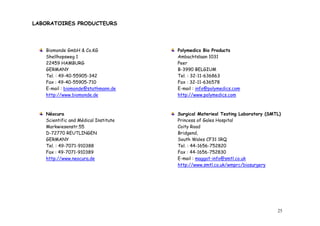 LABORATOIRES PRODUCTEURS




   Biomonde GmbH & Co.KG              Polymedics Bio Products
   Shellhopsweg 1                     Ambachtslaan 1031
   22459 HAMBURG                      Peer
   GERMANY                            B-3990 BELGIUM
   Tel. : 49-40-55905-342             Tel. : 32-11-636863
   Fax : 49-40-55905-710              Fax : 32-11-636578
   E-mail : biomonde@stathmann.de     E-mail : info@polymedics.com
   http://www.biomonde.de             http://www.polymedics.com



   Néocura                            Surgical Materieal Testing Laboratory (SMTL)
   Scientific and Médical Institute   Princess of Gales Hospital
   Markwiesenstr.55                   Coity Road
   D-72770 REUTLINGEN                 Bridgend,
   GERMANY                            South Wales CF31 1RQ
   Tel. : 49-7071-910388              Tel. : 44-1656-752820
   Fax : 49-7071-910389               Fax : 44-1656-752830
   http://www.neocura.de              E-mail : maggot-info@smtl.co.uk
                                      http://www.smtl.co.uk/wmprc/biosurgery




                                                                                25
 