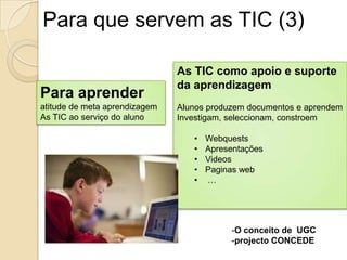 Para que servem as TIC (3)

                               As TIC como apoio e suporte
                               da aprendizagem
Para aprender
atitude de meta aprendizagem   Alunos produzem documentos e aprendem
As TIC ao serviço do aluno     Investigam, seleccionam, constroem

                                  •   Webquests
                                  •   Apresentações
                                  •   Videos
                                  •   Paginas web
                                  •   …




                                           -O conceito de UGC
                                           -projecto CONCEDE
 