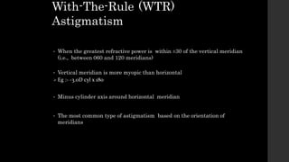 With-The-Rule (WTR)
Astigmatism
• When the greatest refractive power is within ±30 of the vertical meridian
(i.e., between 060 and 120 meridians)
• Vertical meridian is more myopic than horizontal
 Eg :- -3.0D cyl x 180
• Minus cylinder axis around horizontal meridian
• The most common type of astigmatism based on the orientation of
meridians
 