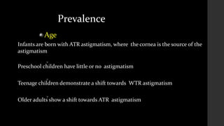 Prevalence
Age




Infants are born with ATR astigmatism, where the cornea is the source of the
astigmatism
Preschool children have little or no astigmatism
Teenage children demonstrate a shift towards WTR astigmatism
Older adults show a shift towards ATR astigmatism
 