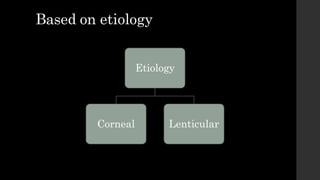 Based on etiology
Etiology
Corneal Lenticular
 