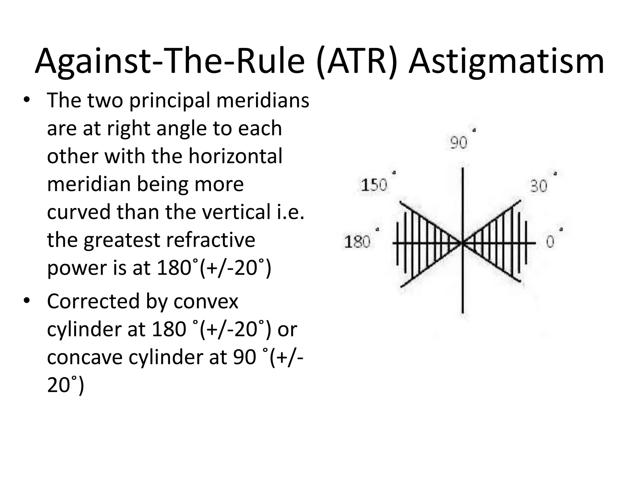 Against-The-Rule (ATR) Astigmatism
• The two principal meridians
are at right angle to each
other with the horizontal
meridian being more
curved than the vertical i.e.
the greatest refractive
power is at 180˚(+/-20˚)
• Corrected by convex
cylinder at 180 ˚(+/-20˚) or
concave cylinder at 90 ˚(+/-
20˚)
 