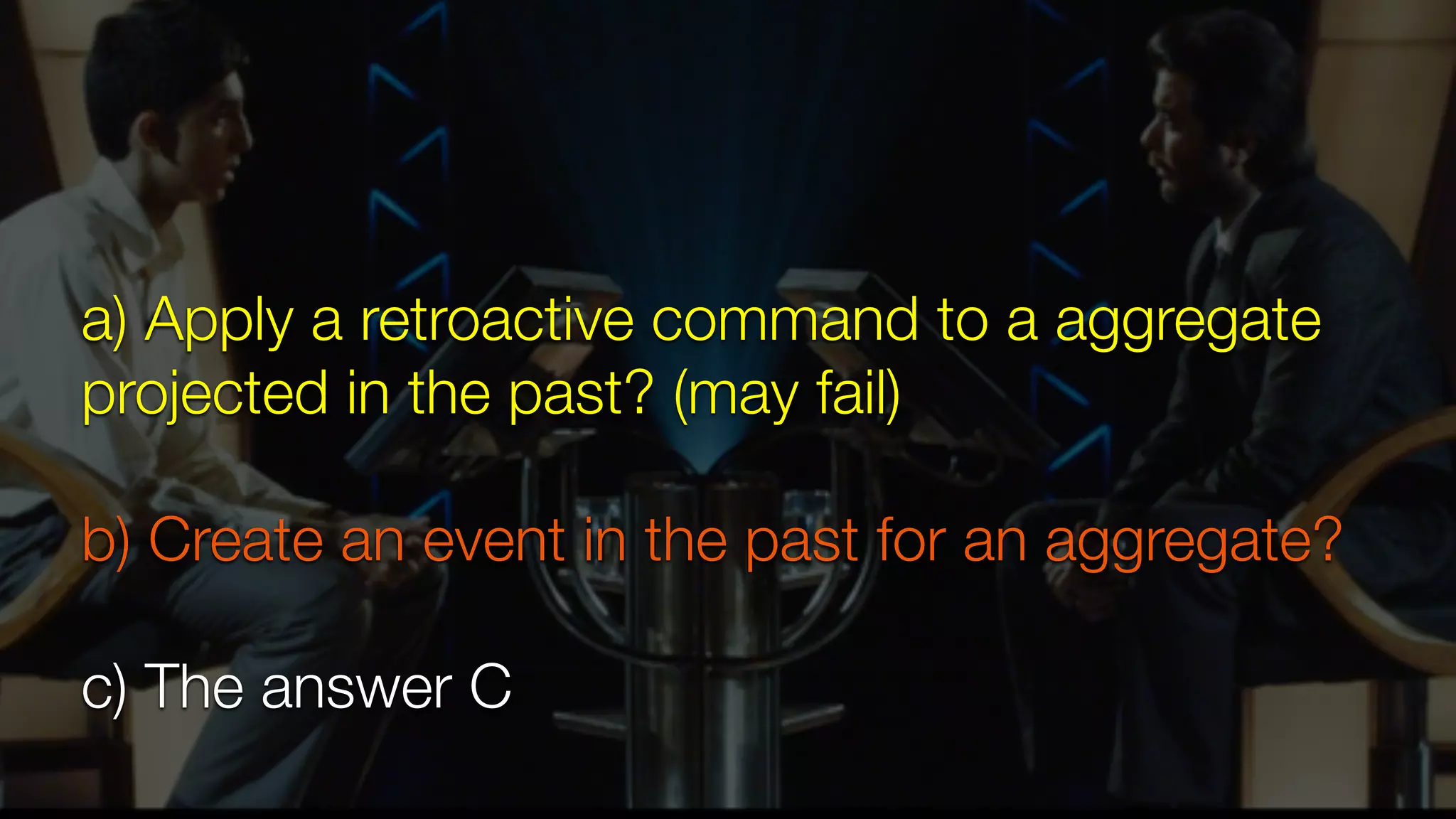 a) Apply a retroactive command to a aggregate
projected in the past? (may fail)
b) Create an event in the past for an aggregate?
c) The answer C
 