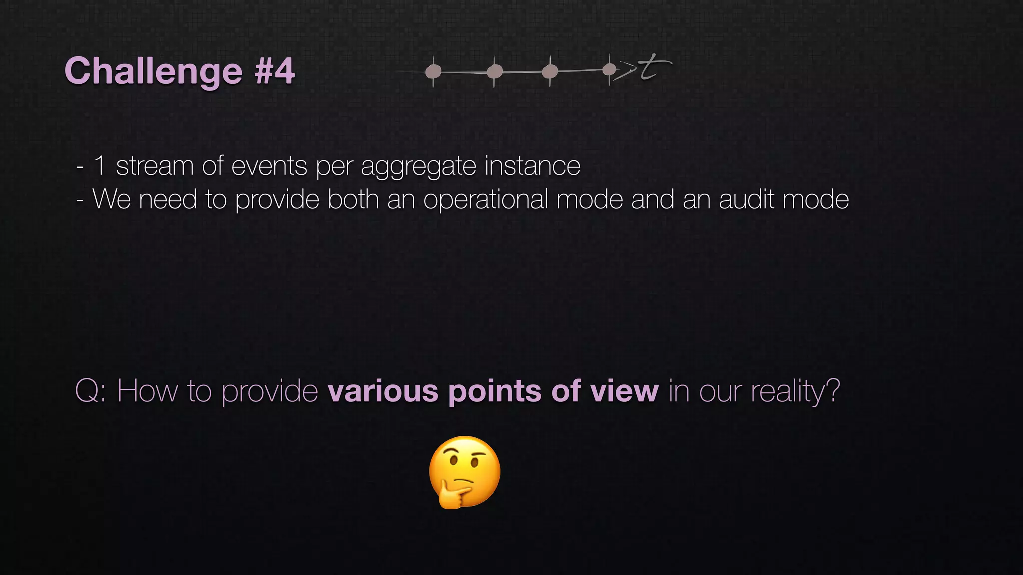 Challenge #4
- 1 stream of events per aggregate instance
- We need to provide both an operational mode and an audit mode
t
Q: How to provide various points of view in our reality?
 