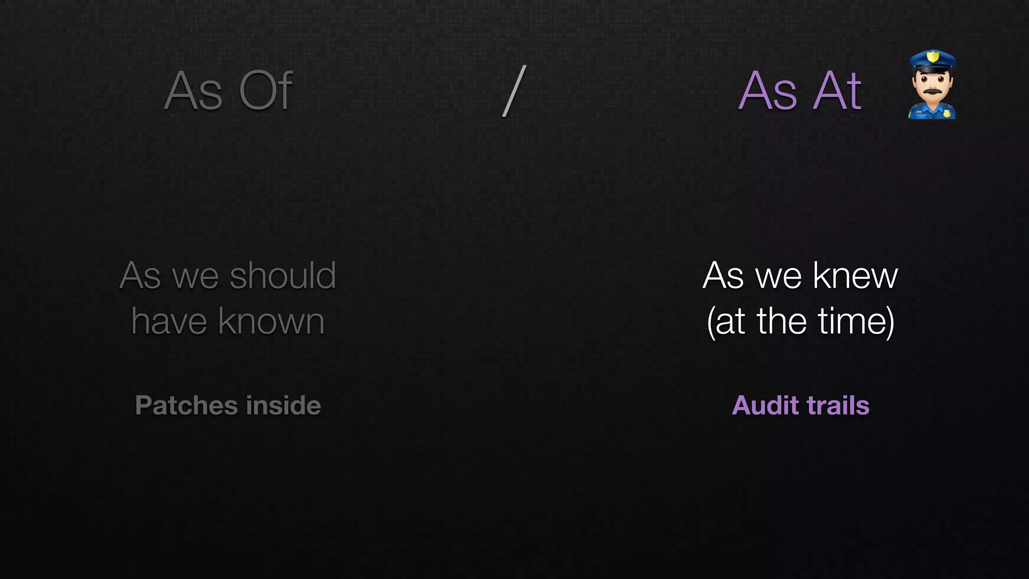 / As At
As we knew
(at the time)
Audit trails
As Of
As we should  
have known
Patches inside
"
 