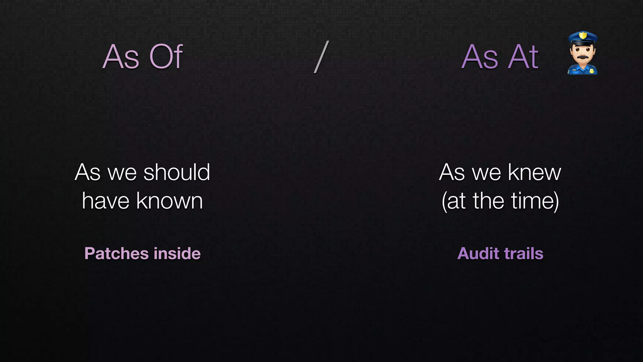 / As At
As we knew
(at the time)
Audit trails
As Of
As we should  
have known
Patches inside
"
 
