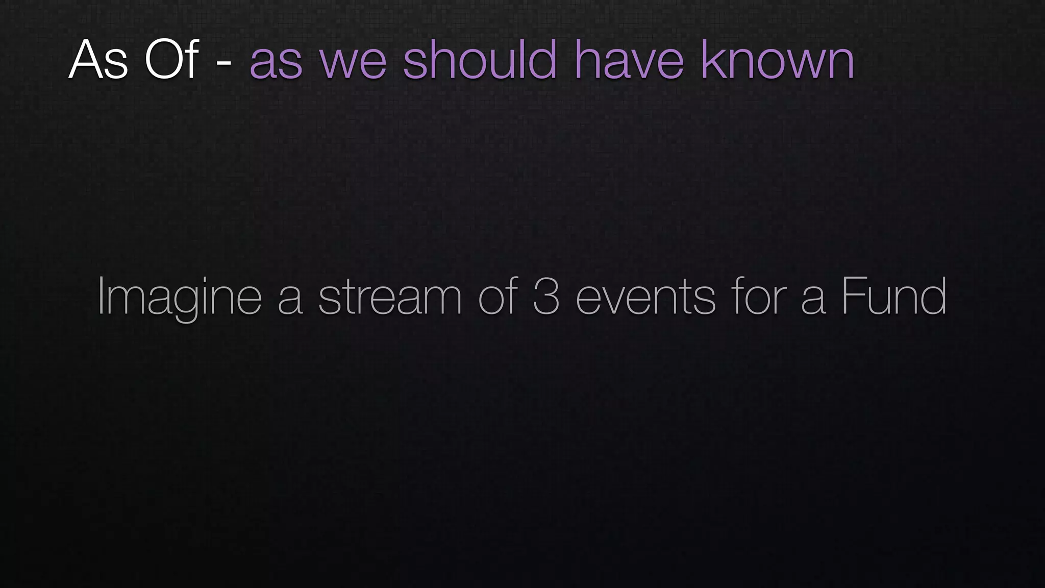 As Of - as we should have known
Imagine a stream of 3 events for a Fund
 