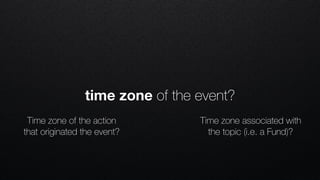 Time zone of the action
that originated the event?
Time zone associated with
the topic (i.e. a Fund)?
time zone of the event?
 