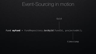 Fund myFund = fundRepository.GetById(fundId, projectedAt);
Event-Sourcing in motion
Guid
timestamp
 
