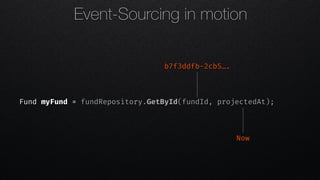Fund myFund = fundRepository.GetById(fundId, projectedAt);
Now
b7f3ddfb-2cb5….
Event-Sourcing in motion
 
