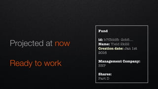 Projected at now
Ready to work
Fund
id: b7f3ddfb -2cb5….
Name: Yield 2k22
Creation date: Jan 1st
2016
Management Company:
BNP
Shares:
Part D
 