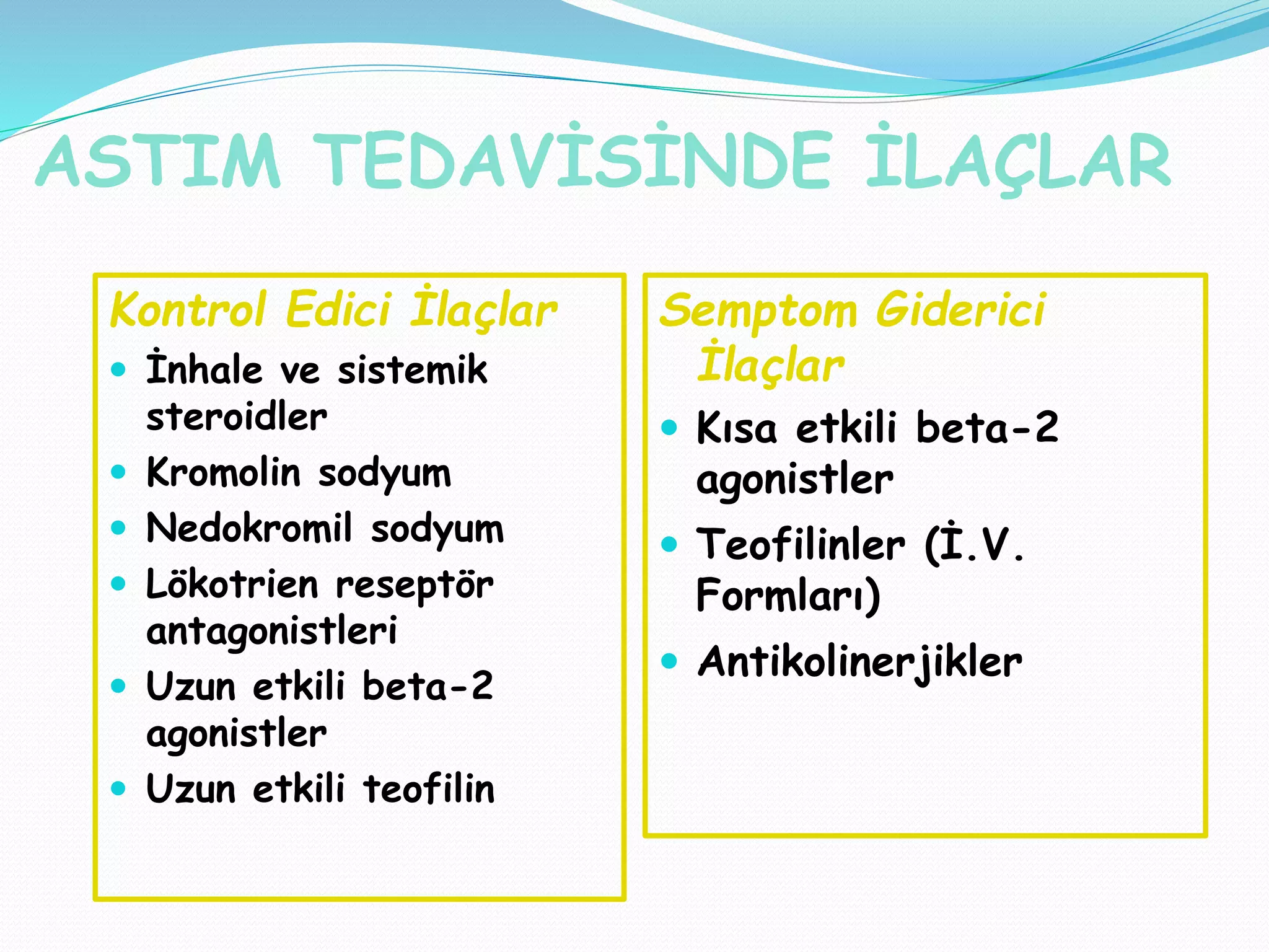 ASTIM TEDAVİSİNDE İLAÇLAR
Kontrol Edici İlaçlar
 İnhale ve sistemik
steroidler
 Kromolin sodyum
 Nedokromil sodyum
 Lökotrien reseptör
antagonistleri
 Uzun etkili beta-2
agonistler
 Uzun etkili teofilin
Semptom Giderici
İlaçlar
 Kısa etkili beta-2
agonistler
 Teofilinler (İ.V.
Formları)
 Antikolinerjikler
 