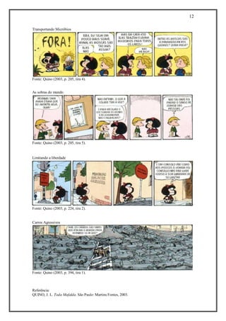 12 
Referência: 
QUINO, J. L. Toda Mafalda. São Paulo: Martins Fontes, 2003. 
Transportando Micróbios 
Fonte: Quino (2003, p. 205, tira 4). 
As sobras do mundo 
Fonte: Quino (2003, p. 205, tira 5). 
Limitando a liberdade 
Fonte: Quino (2003, p. 224, tira 2). 
Carros Agressivos 
Fonte: Quino (2003, p. 394, tira 1). 
 
