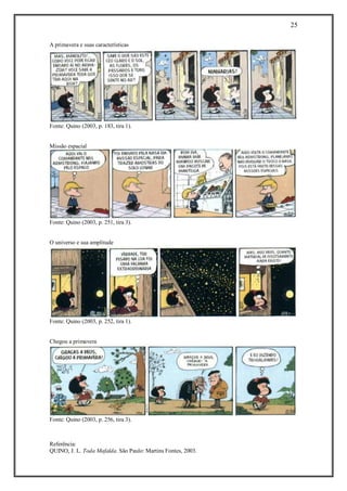 25 
Referência: 
QUINO, J. L. Toda Mafalda. São Paulo: Martins Fontes, 2003. 
A primavera e suas características 
Fonte: Quino (2003, p. 183, tira 1). 
Missão espacial 
Fonte: Quino (2003, p. 251, tira 3). 
O universo e sua amplitude 
Fonte: Quino (2003, p. 252, tira 1). 
Chegou a primavera 
Fonte: Quino (2003, p. 256, tira 3). 
 