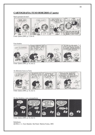 30 
Referência: 
QUINO, J. L. Toda Mafalda. São Paulo: Martins Fontes, 2003. 
CARTOGRAFIA/ FUSO HORÁRIO (1ª parte) 
Qual a posição da terra? 
Fonte: Quino (2003, p. 5, tira 4). 
Fuso horário 
Fonte: Quino (2003, p. 32, tira 2). 
As diferentes horas na Terra 
Fonte: Quino (2003, p. 32, tira 3). 
Os fuso horários e suas consequências 
Fonte: Quino (2003, p. 32, tira 5). 
 