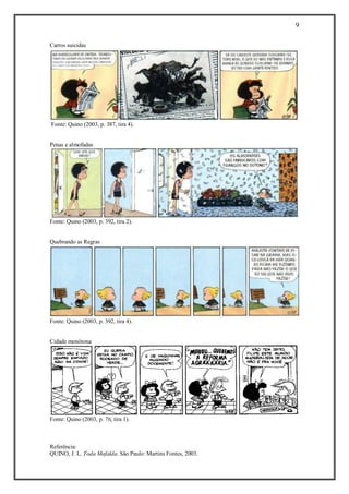 9 
Referência: 
QUINO, J. L. Toda Mafalda. São Paulo: Martins Fontes, 2003. 
Carros suicidas Fonte: Quino (2003, p. 387, tira 4). 
Penas e almofadas Fonte: Quino (2003, p. 392, tira 2). 
Quebrando as Regras Fonte: Quino (2003, p. 392, tira 4). 
Cidade monótona 
Fonte: Quino (2003, p. 76, tira 1). 
 