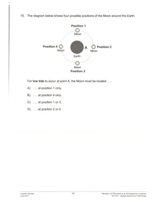 15. The diagram below shows four possible positions of the Moon around the Earth.
Position 4 6Mdon
“, Earth
Moon
Position 3
For low tide to occur at point A, the Moon must be located
A) . . . at position I only.
B) . . . at position 4 only.
C) . . . at position 1 or 3.
D) . . . at position 2 or 4.
Position I
7 Moon “
A Q Position 2
Maon
Question Booklet
June 2017
14 Ministère de lEducation et de l’Enseignement superleur
557-410 — Applied Science and Technology
 