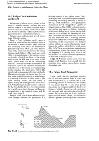 14.5 Fatigue Crack Nucleation
and Growth
Fatigue cracks almost always initiate at free
surfaces, usually external surfaces but also
internal surfaces if the metal contains defects
such as voids and cracked second-phase parti-
cles. Common external surface defects include
geometric notches and surface roughness.
Fatigue crack nucleation and growth occurs
in the following stages.
Stage I. Crack initiation usually starts at
a notch or other surface discontinuity. Even in
the absence of a surface defect, crack initiation
will eventually occur due to the formation of
persistent slip bands (PSBs), so called because
traces of the bands persist even when the surface
damage is polished away. Slip bands are a result
of the systematic buildup of fine slip movements
on the order of only 1 nm. However, the plastic
strain within the PSB can be as much as 100
times greater than that in the surrounding
material. The back-and-forth movement of the
slip bands leads to the formation of intrusions
and extrusions at the surface, eventually leading
to the formation of a crack (Fig. 14.14). The
initial crack propagates parallel to the slip bands.
The crack propagation rate during stage I is very
low, on the order of 1 nm per cycle, and produces
a practically featureless fracture surface. The
crack initially follows the slip bands at
approximately 45 to the principal stress direc-
tion. When the crack length becomes sufficient
for the stress field at the tip to become dominant,
the overall crack plane changes and becomes
perpendicular to the principal stress, and the
crack enters stage II.
Stage II crack growth occurs when the stage I
crack changes direction and propagates in a
direction normal to the applied stress. Crack
growth proceeds by a continual process of crack
sharpening followed by blunting, as shown in
the Fig. 14.15 illustration. Crack propagation
during crack growth often produces a pattern of
fatigue striations (Fig. 14.16), with each striation
representing one cycle of fatigue. Although
striations are indicative of fatigue, fatigue fail-
ures can occur without the formation of stria-
tions. Striations are microstructural details that
are best examined with a scanning electron
microscope and are not visible to the naked eye.
Frequently, visible examination of a fatigued
surface will reveal a series of concentric mark-
ings on the surface, referred to as beach marks
(Fig. 14.6). These are present as a result of stress
changes during fatigue, for example, the starting
and stopping of a rotating shaft. Each of the
beach marks can contain thousands or even tens
of thousands of fatigue cycles.
Stage III. Ultimate failure occurs when the
fatigue crack becomes long enough that the
remaining cross section can no longer support
the applied load.
14.6 Fatigue Crack Propagation
Linear elastic fracture mechanics assumes
that all structures contain flaws. Cracks grow
from an initial size, ao, to a critical size, ac, cor-
responding to failure as a function of the number
of load cycles (Fig. 14.17). The crack growth
rate, da/dn, can be determined from the slope of
the curve. Initially, the crack growth rate is slow
but increases with increasing crack length. Of
course, the crack growth rate is also higher for
higher applied stresses. If one can characterize
the crack growth, it is then possible to estimate
Fig. 14.14 Development of extrusions and intrusions during fatigue. Source: Ref 4
252 / Elements of Metallurgy and Engineering Alloys
© 2008 ASM International. All Rights Reserved.
Elements of Metallurgy and Engineering Alloys (#05224G) www.asminternational.org
 